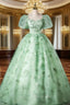 Green Flower Lace Long Formal Prom Dresses with Sleeves, Green Formal Dresses