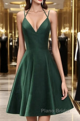 Green Halter Short Satin Long Party Dresses, Green Homecoming Dresses , Short Party Dresses