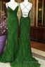 Green Lace Mermaid Straps Long Party Dresses, Green Lace Wedding Party Dresses