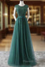 Green Formal Prom Dresses Scoop Tulle & Lace With Sash A Line Sweep Train Floor Length Elegant