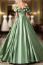 Green Satin Long A-Line Party Dresses, Off The Shoulder Formal Dresses