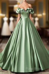 Green Satin Long A-Line Party Dresses, Off The Shoulder Formal Dresses