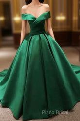 Green Satin Formal Prom Dresses Long Off The Shoulder Ball Gowns Quinceanera Dresses