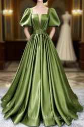 Green Satin Short Sleeves Long Formal Party Dresses, Green Formal Party Dresses