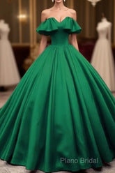 Green Satin Sweetheart Off Shoulder Ball Gown Long Sweet 16 Dresses, Green Quinceanera Dresses