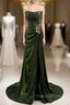 Green Sequins Long Mermaid Formal Prom Dresses, Green Lace-Up Party Dresses With Slit