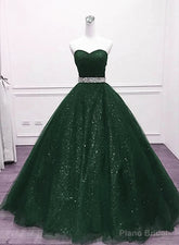 Green Shiny Tulle Beaded Sweetheart Party Dress, Green Formal Dress
