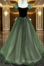 Green Shiny Tulle Short Sleevse Long Formal Dresses, Green A-Line Formal Prom Dresses Party Dresses