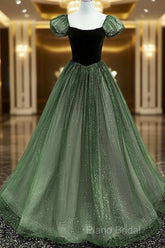 Green Shiny Tulle Short Sleevse Long Formal Dresses, Green A-Line Formal Prom Dresses Party Dresses