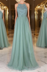 Green tulle lace long Formal Prom dress green lace evening dress