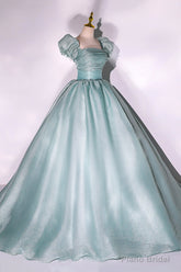 Green Tulle Long A-Line Prom Dress, Cute Short Sleeve Evening Party Dress