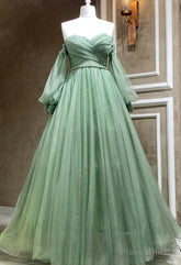 Green Tulle Puffy Sleeves A-line Formal Dresses, Green Long Evening Gown