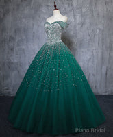 Green Tulle Sequin Long Prom Gown, Green Sequin Sweet 16 Dress