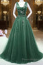 Green Tulle V Neck Beading Appliques Formal Prom Dresses