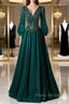 Green V-Neck Tulle Beads Long Formal Prom Dresses, Elegant Long Sleeve Evening Party Dresses