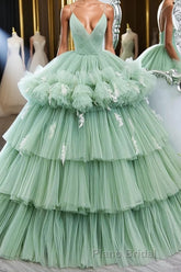Green v neck tulle long Formal Prom gown, green tulle sweet 16 dress