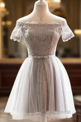 Grey Lace Tulle Short Sleeves Homecoming Dresses Party Dresses, Light Grey Formal Dresses