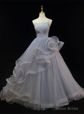 Grey Tulle Straps Layers Long Prom Dress Party Dress, Grey Ball Gown Formal Dress
