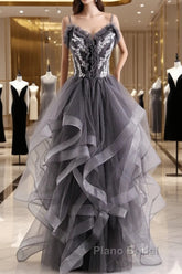 Grey Tulle Sweetheart Long Party Dresses With Lace Applique, Grey Long Formal Prom Dresses