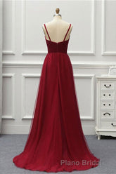 A Line High Low Tulle Formal Prom Dresses with Train, Burgundy V Neck Backless Prom Dresses
