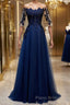 Half Sleeves Navy Blue Long Lace Formal Prom Dresses, Dark Navy Blue Long Lace Formal Bridesmaid Dresses