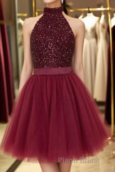 Halter Neck Open Back Beaded Burgundy Formal Prom Dress, Backless Burgundy Homecoming Dress, Short Burgundy Formal Evening Dress