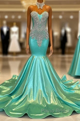 High Neck Mermaid Mint Green Satin Formal Prom Dresses