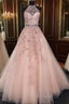 High Neck Pink Lace Formal Prom Dresses, Pink Lace Formal Graduation Dresses