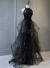 High Neckline Black Halter Shiny Tulle And Sequins Party Dress Black Tulle Prom Dress prom dresses shops