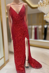 High Slit Blue Sequins Straps Mermaid Evening Gown,Ball Gowns Formal Prom Dresses