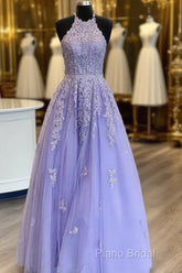 Hot Halter Purple Formal Prom Dresses Lace Long Graduation Formal Dresses