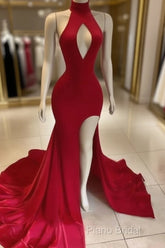 Hot Long Red Formal Prom Dresses High Neck Satin Mermaid Formal Dresses Uk Split
