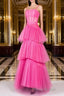 Hot Pink Long Tulle Formal Prom Dresses, Hot Pink Long Tulle Formal Evening Dresses