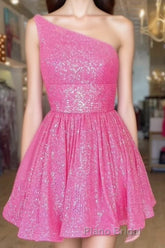 Hot Pink Formal Prom Dress One Shoulder A Line Short Homecoming Dress Sequins