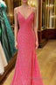 Hot Pink V Neck Sequins Long Formal Prom Dresses Crossed Back Mermaid With Slit