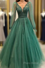 Hunter Green V-Neckline Tulle With Lace Applique Party Dresses, Green Formal Dresses