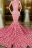 Iridescent Sequins Pink Rosette Mermaid Formal Prom Dresses