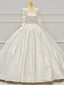 Ivory Satin Long Sleeve Square Pearls Wedding Dress