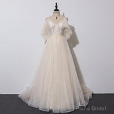 Ivory Tulle V-neckline Straps Off Shoulder Long Evening Dress, A-line Prom Dress Party Dress