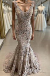 Lace Beaded Sexy African Dubai Formal Dresses Mermaid Backless Formal Prom Dresses Deep V-Neck Formal Party Bridesmaid Pageant Gowns