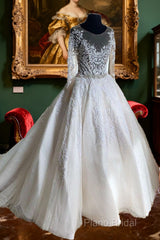 Lace Beaded Vintage Wedding Dresses Long Sleeves Sheer Neck Bridal Dresses Crystals Wedding Gowns Formal Prom Dresses