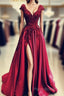 Lace Flowers Beaded Cap Sleeves V-Neck Formal Prom Dresses Split Formal Gowns