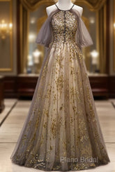 Lace Long Appliques Champagne Tulle Formal Prom Dresses