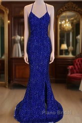 Lace-Up High Slit Royal Blue Glitters Long Party Dresses