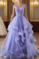 Lavender Tulle V-Neckline Layers Long Sweet 16 Dresses, Light Purple Formal Prom Dresses Party Dresses