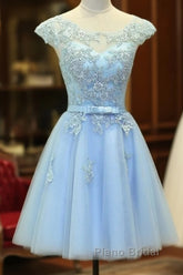 Light Blue Cap Sleeves Tea Length Vintage Style Formal Dresses, Blue Homecoming Dresses