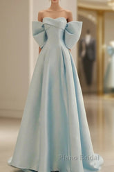 Light Blue Chic Satin Off Shoulder Long Party Dresses, A-Line Light Blue Formal Dresses