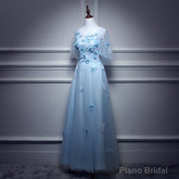 Light Blue Flowers Long Party Dress, A-line Tulle Party Dress Evening Dress