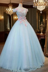 Light Blue Long Floral Tulle Sweet 16 Dresses, Quinceanera Dresses