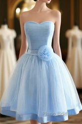 Light Blue Tulle Sweetheart With Bow Cute Party Dresses, Blue Short Homecoming Dresses